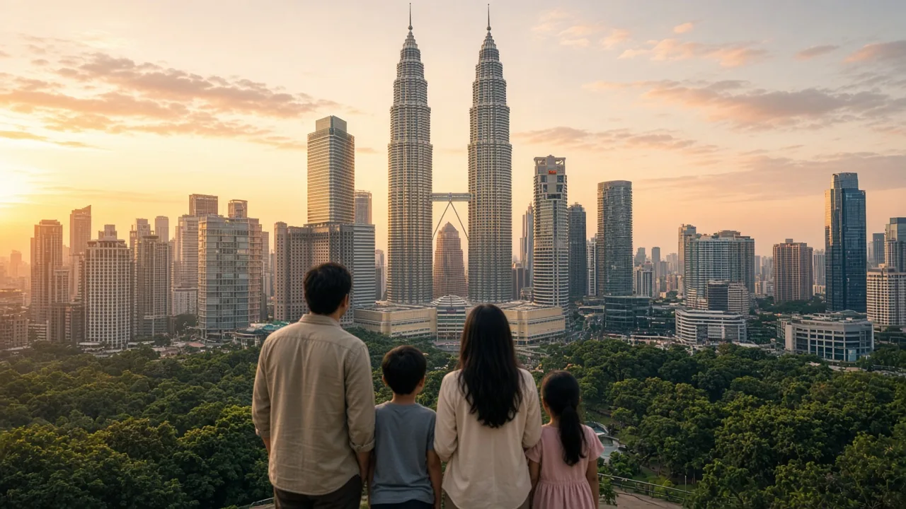 Family of four looking at the Petronas Twin Towers at KLCC