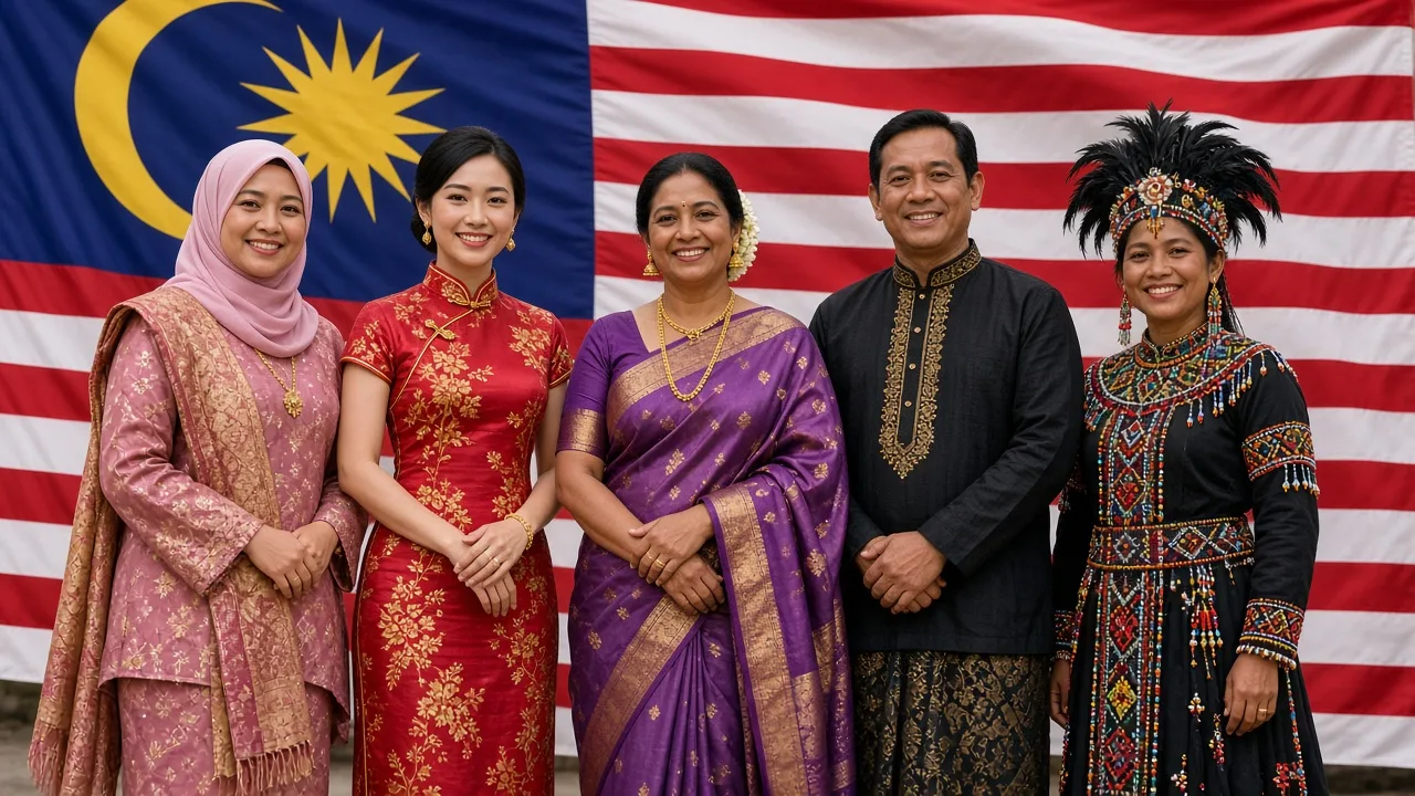 Malaysians of various races in traditional costumes smiling with the Malaysian flag behind them
