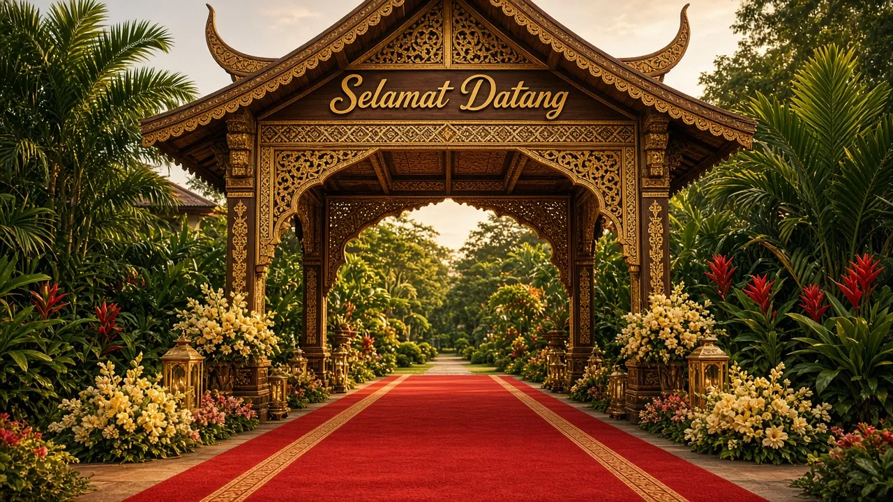 Red carpet leading through a Malay-style arch with Selamat Datang