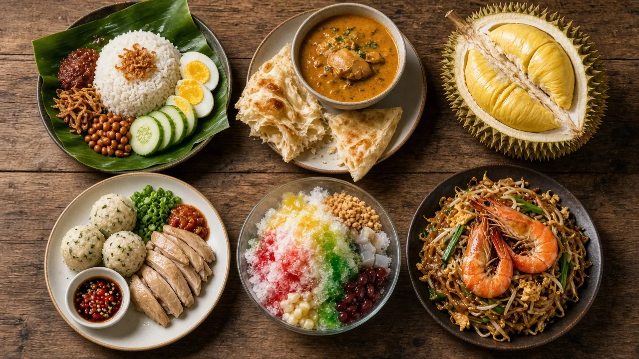 Malaysian foods: nasi lemak, roti canai, chicken rice balls, ais kacang, Musang King durian, char kuey teow