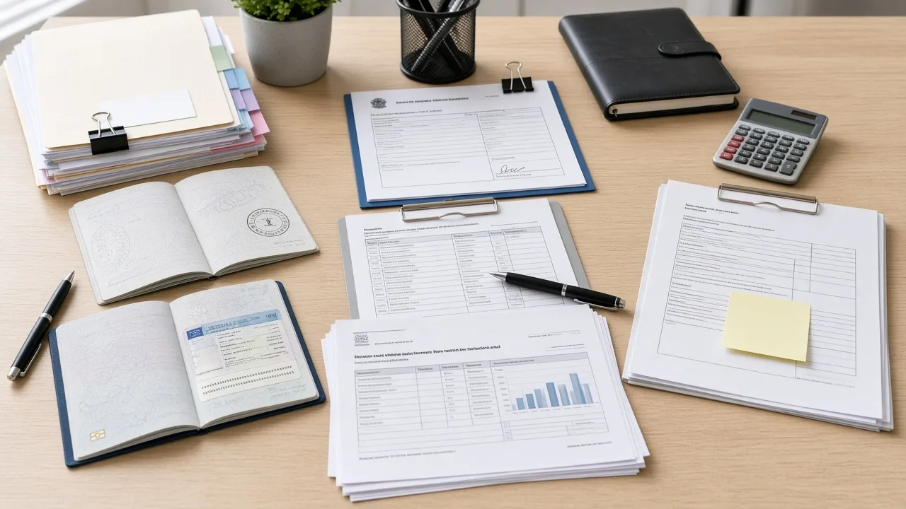 Desk with passports, visas, bank statements, and application paperwork