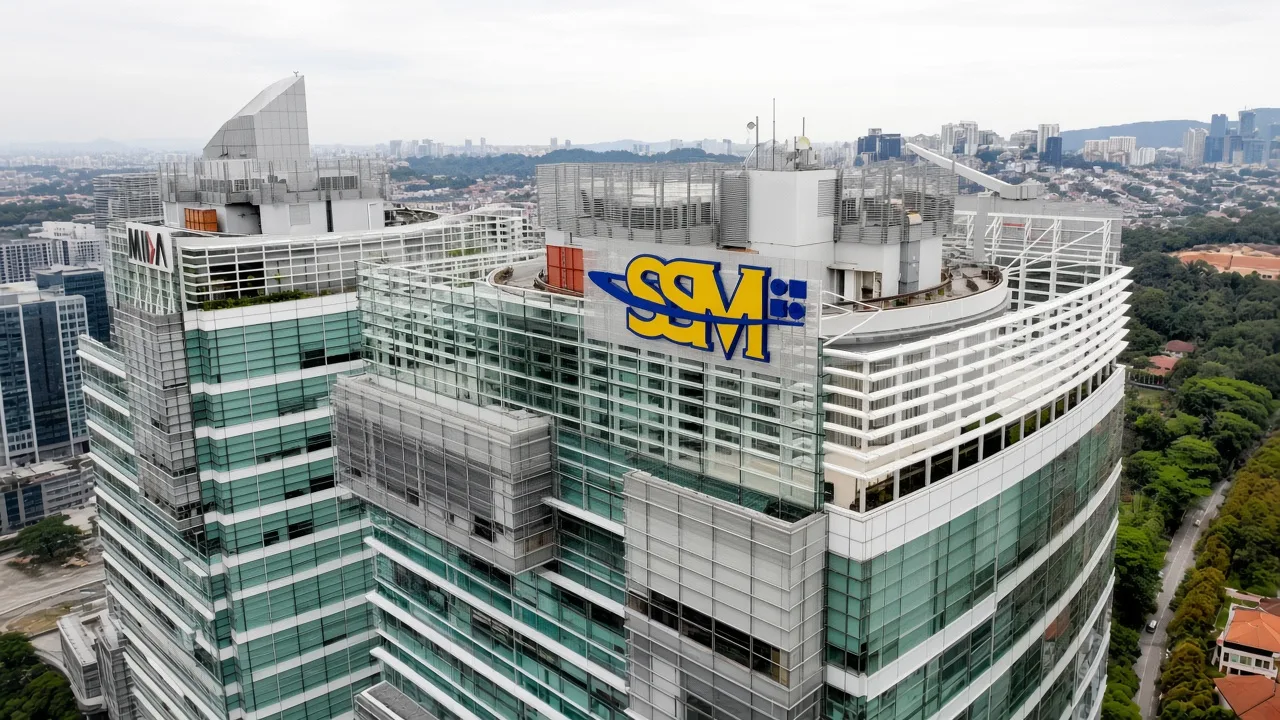 Suruhanjaya Syarikat Malaysia (SSM) headquarters tower with SSM logo on glass facade