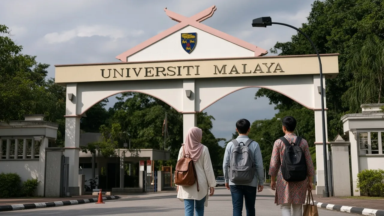 Multi-ethnic students walking toward the Universiti Malaya gate with crest